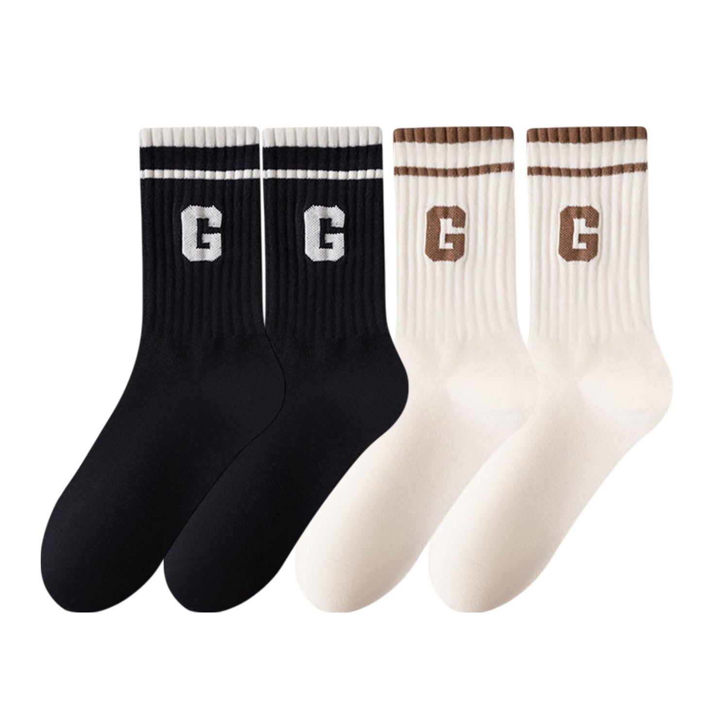 Anna-Kaci Women's 4-Pair Pack Ribbed Cotton Crew Socks with Striped Cuffs and G Letter Detail in Neutral Athletic Color Combinations