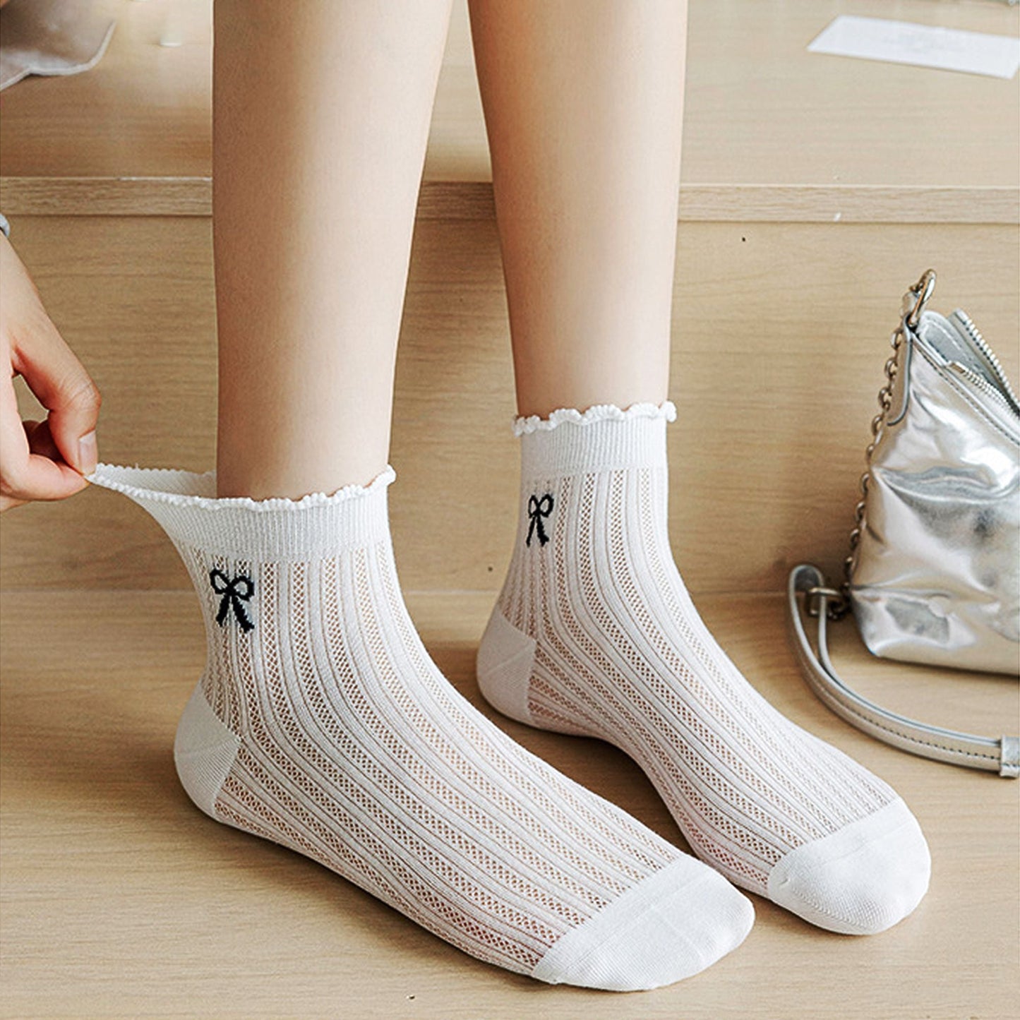 Anna-Kaci Women's Summer Ribbed Ankle Socks with Bow Embroidery 5Pk