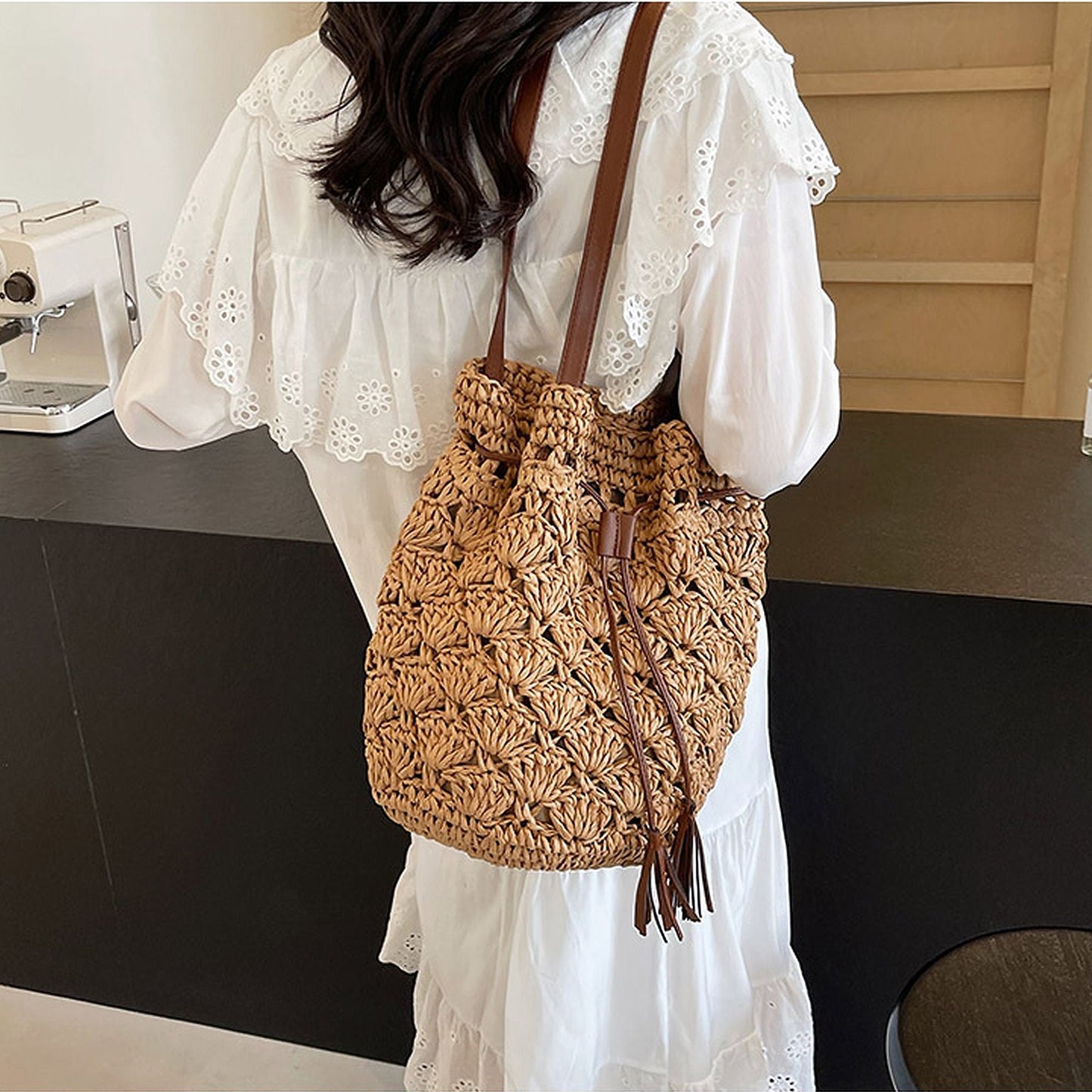 Anna-Kaci Women's Rustic Straw Shoulder Bag with Leather Accents