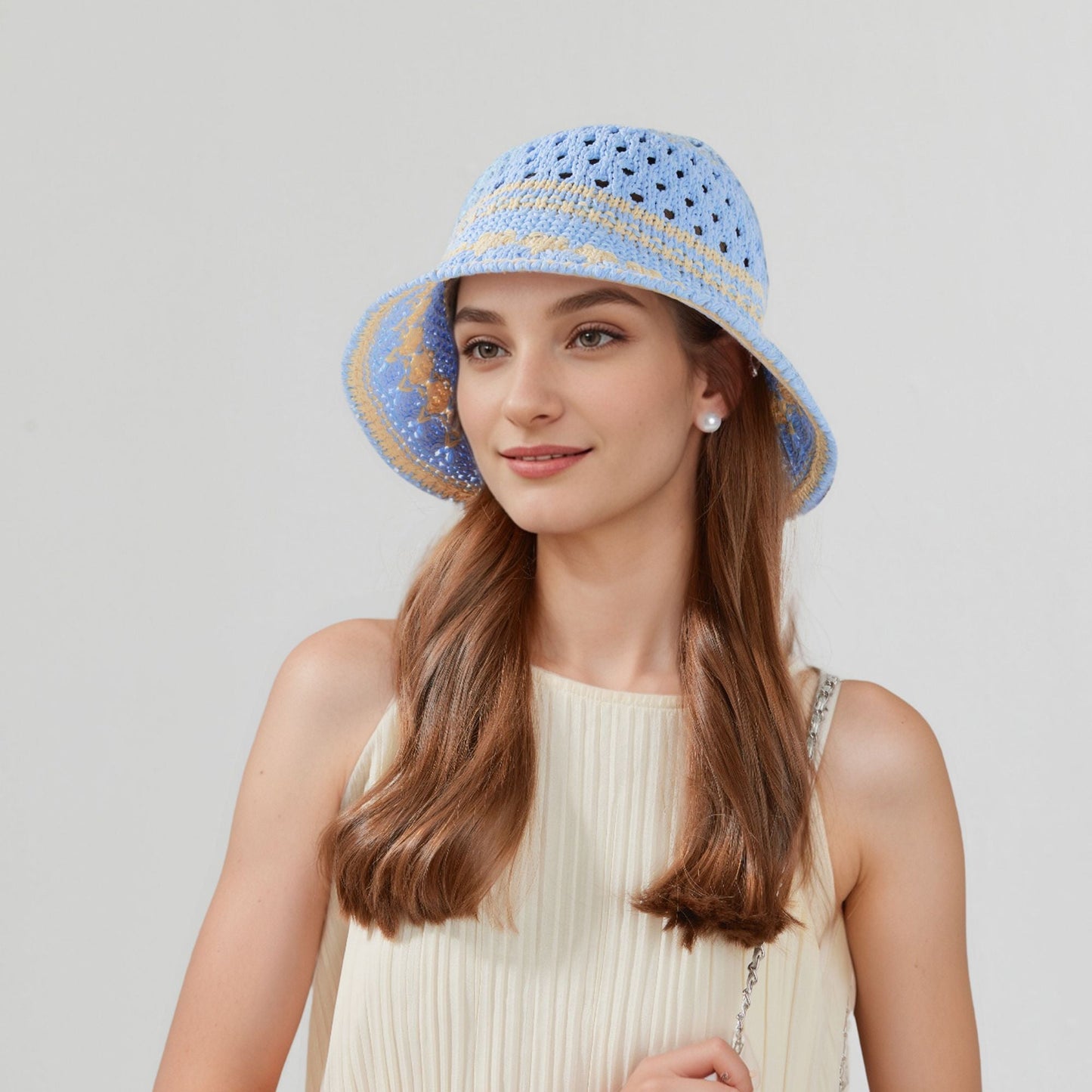Anna-Kaci Crochet Knit Bucket Hat with Openwork Floral Pattern and Rolled Brim for Lightweight Summer Style
