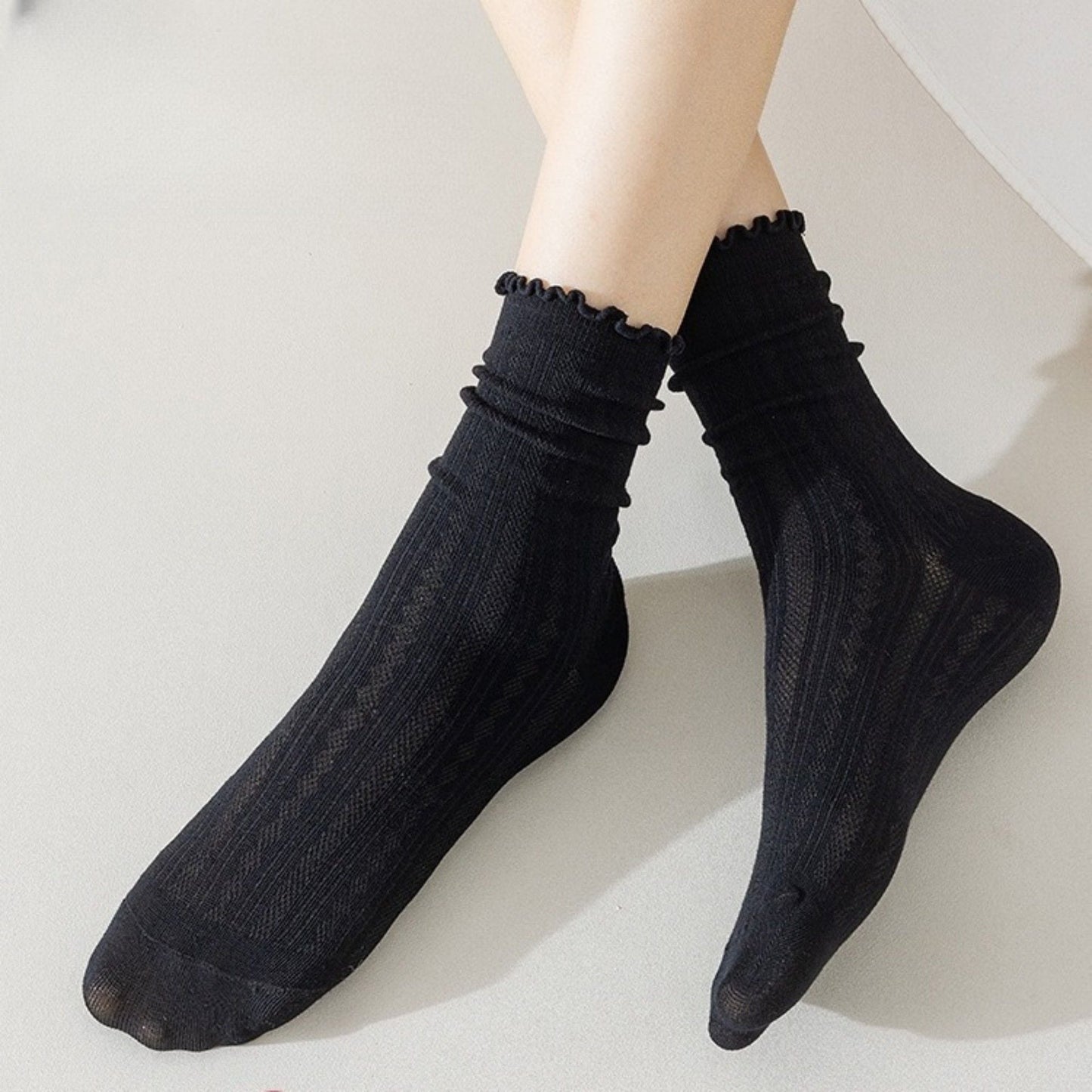 Anna-Kaci Women's Ribbed Crew Socks with Ruffle Lettuce Trim Soft Stretch Knit Comfortable Everyday 5-Pack