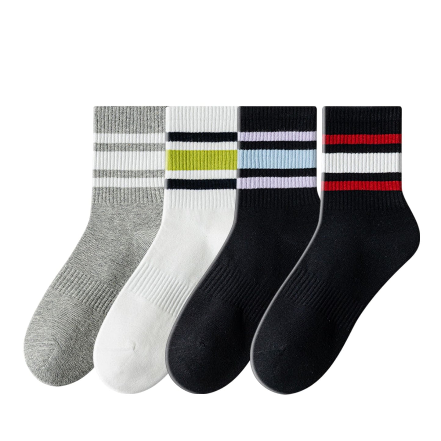 Anna-Kaci Crew Socks 4-Pack White Base Colorful Ribbed Cuff Striped Design Stretch Comfort Breathable Fit