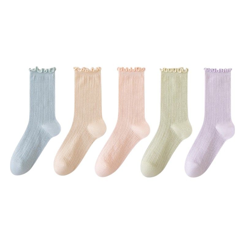 Anna-Kaci Women's Ribbed Crew Socks with Ruffle Lettuce Trim Soft Stretch Knit Comfortable Everyday 5-Pack