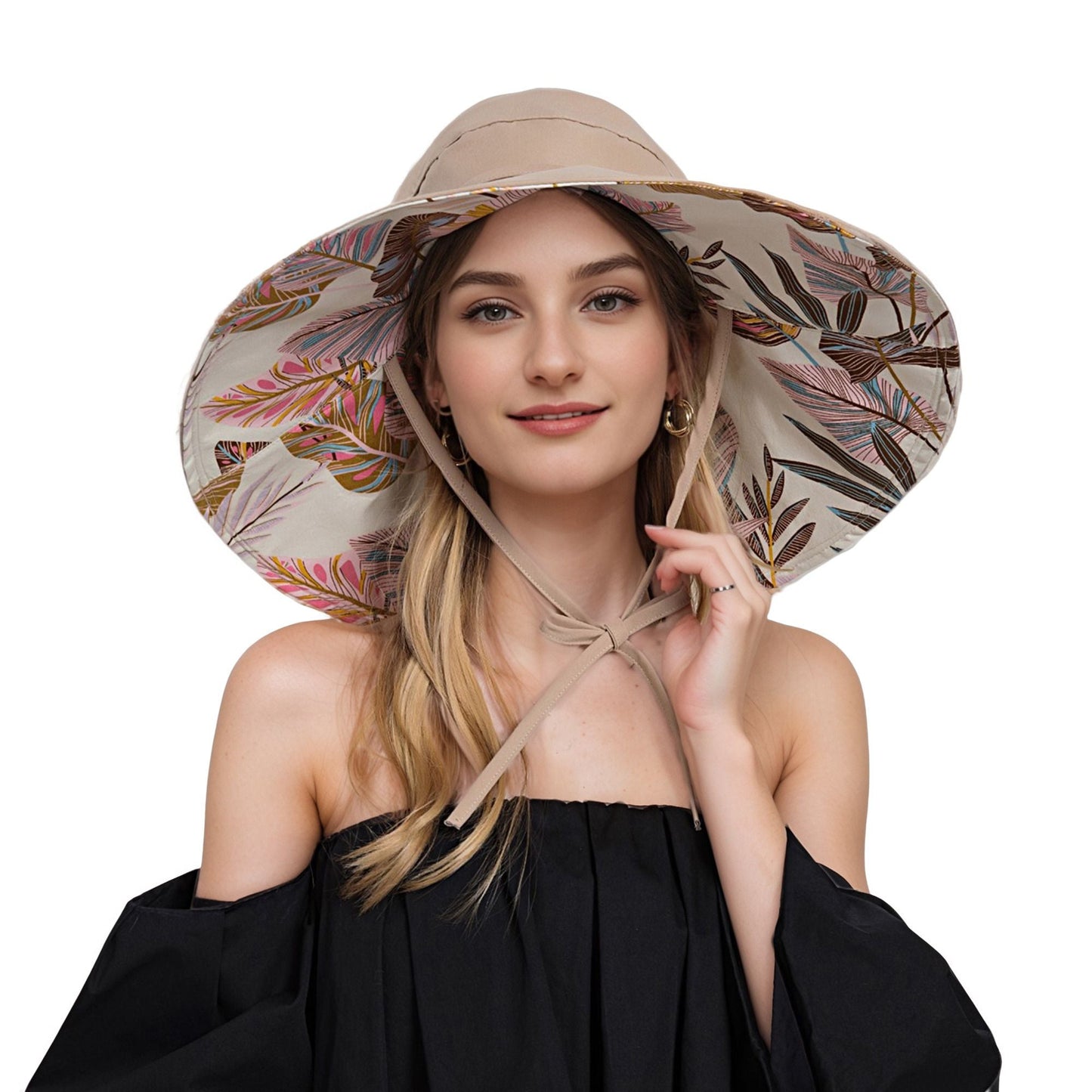 Anna-Kaci Wide Brim Sun Hat with Ponytail Hole Neck Tie Closure and Patterned Lining for UV Protection and Outdoor Style