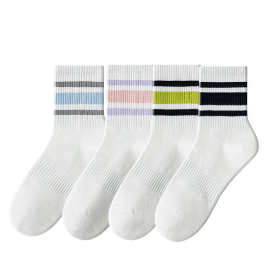 Anna-Kaci Crew Socks 4-Pack White Base Colorful Ribbed Cuff Striped Design Stretch Comfort Breathable Fit