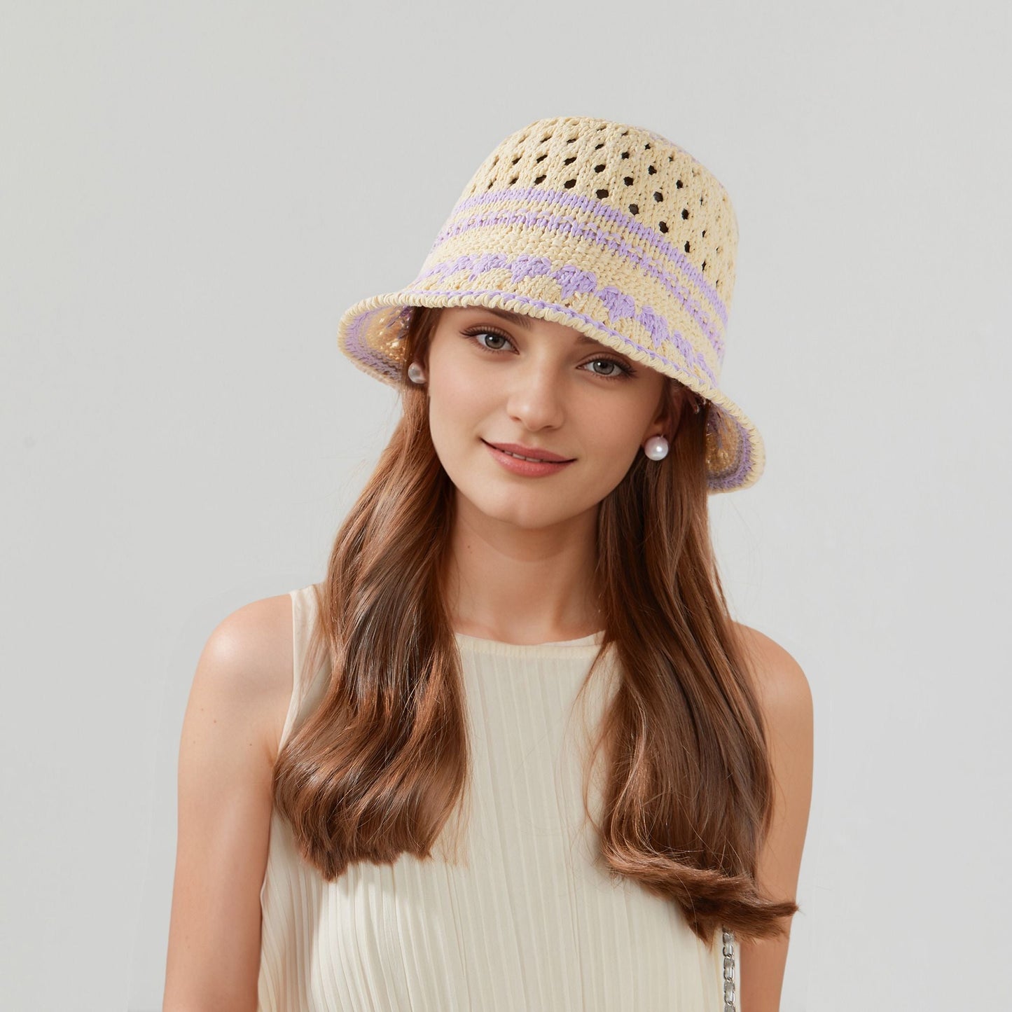 Anna-Kaci Crochet Knit Bucket Hat with Openwork Floral Pattern and Rolled Brim for Lightweight Summer Style