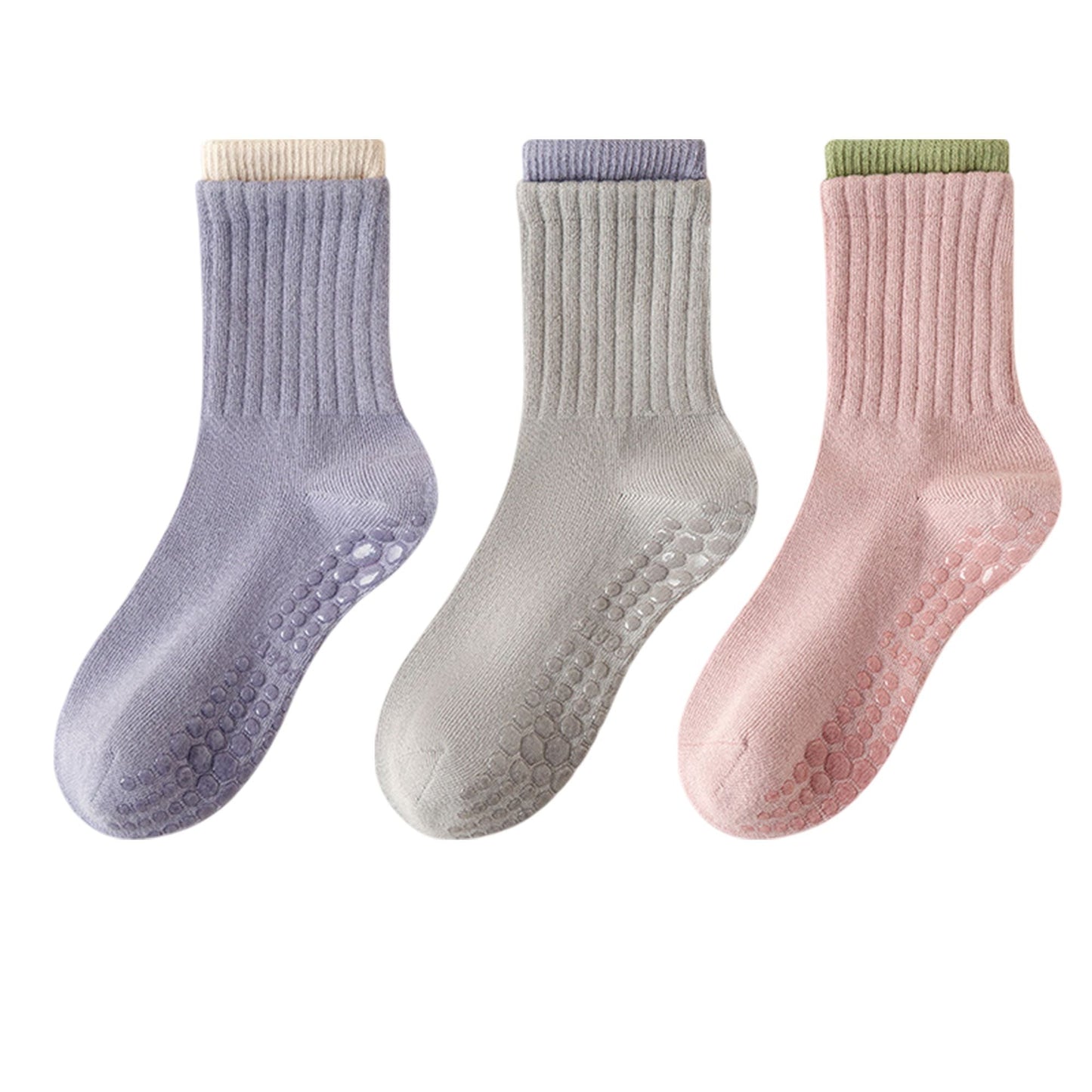Anna-Kaci Womens Non-Slip Grip Crew Socks 3 Pair Pack Custom Color Combos Soft Ribbed Cotton with 3D Silicone Heel