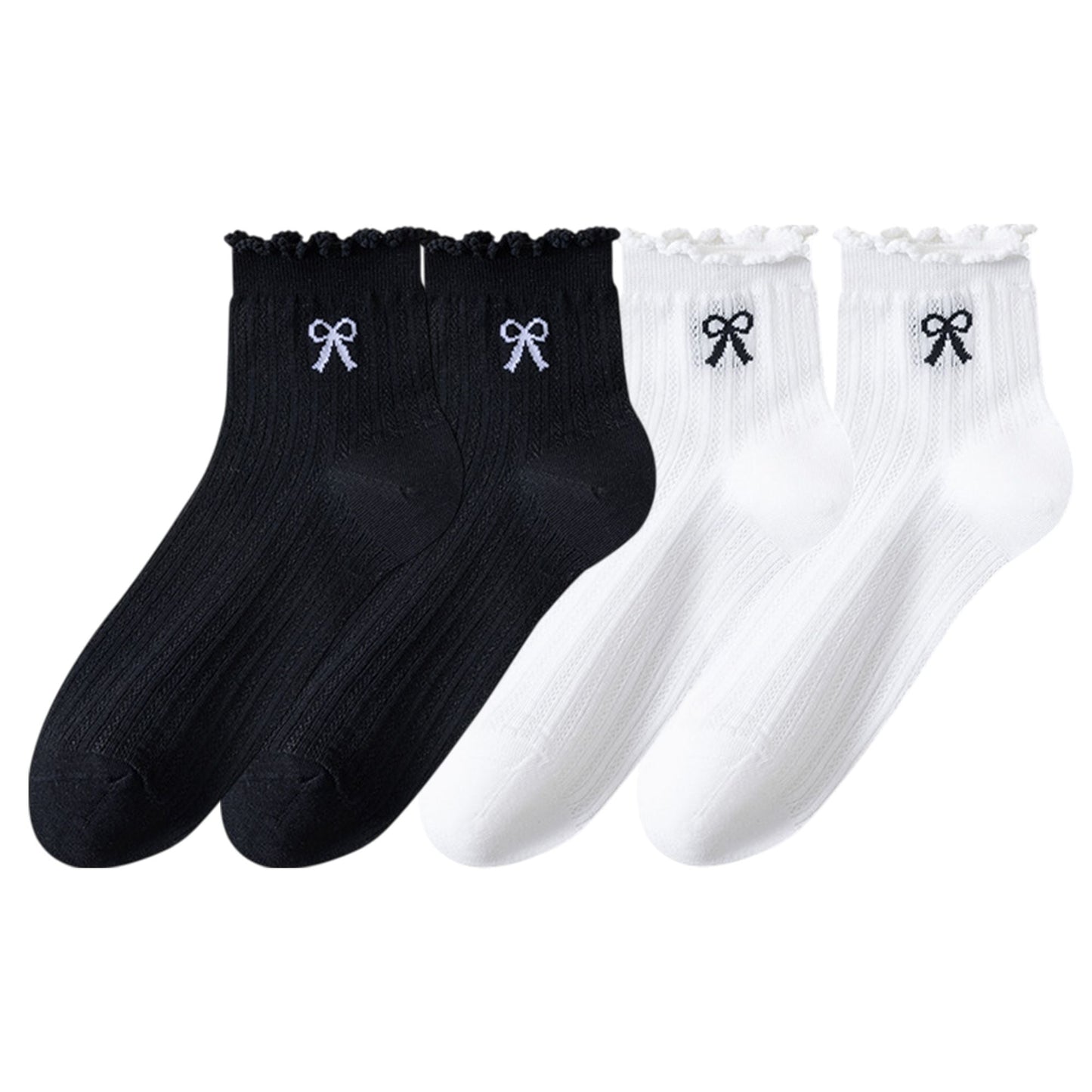 Anna-Kaci Women's 4-Pair Pack Sheer Ribbed Ankle Socks with Ruffled Trim and Embroidered Bow Detail in Multiple Color Combinations