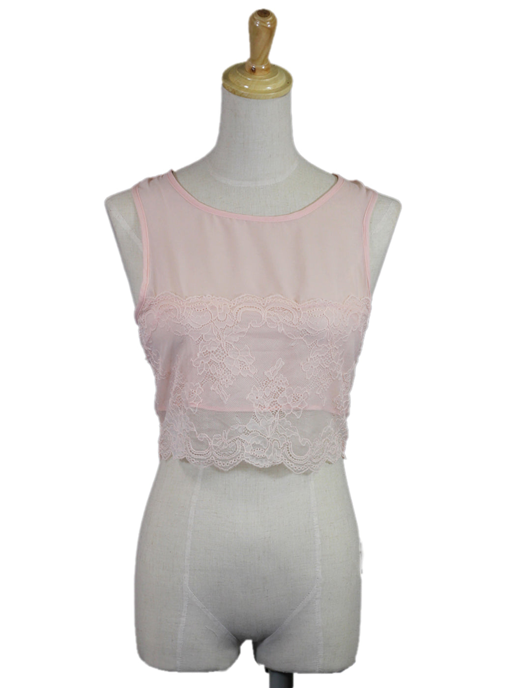Anna-Kaci Sleeveless Form Fitting Cropped Top With Mesh Neckline Lace Detailing - ALILANG.COM
