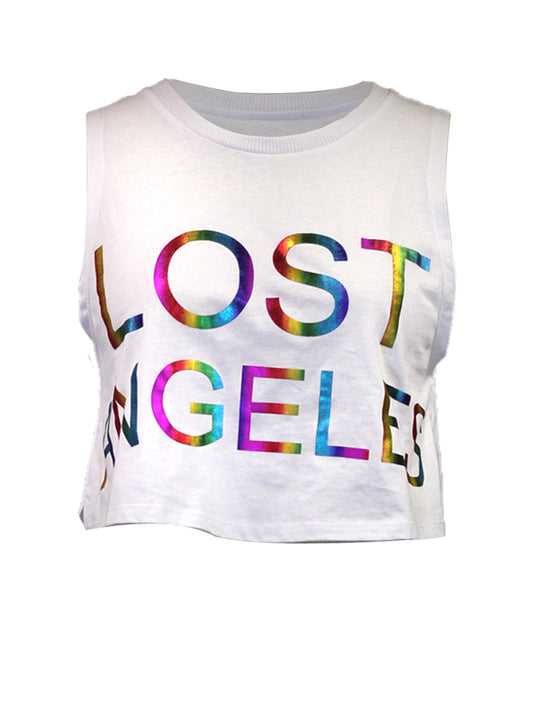 Cotton Candy USA Lost Angeles Cropped Graphic Tee With Slight Side Cutouts - ALILANG.COM