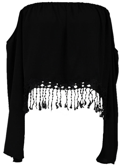 Cotton Candy USA Off Shoulder Crop Blouse With Bottom Fringe Crochet Detail - ALILANG.COM