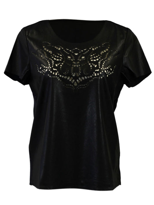 Anna-Kaci Short Sleeve Faux Leather Top With Lazercut Scoop Neckline Design - ALILANG.COM