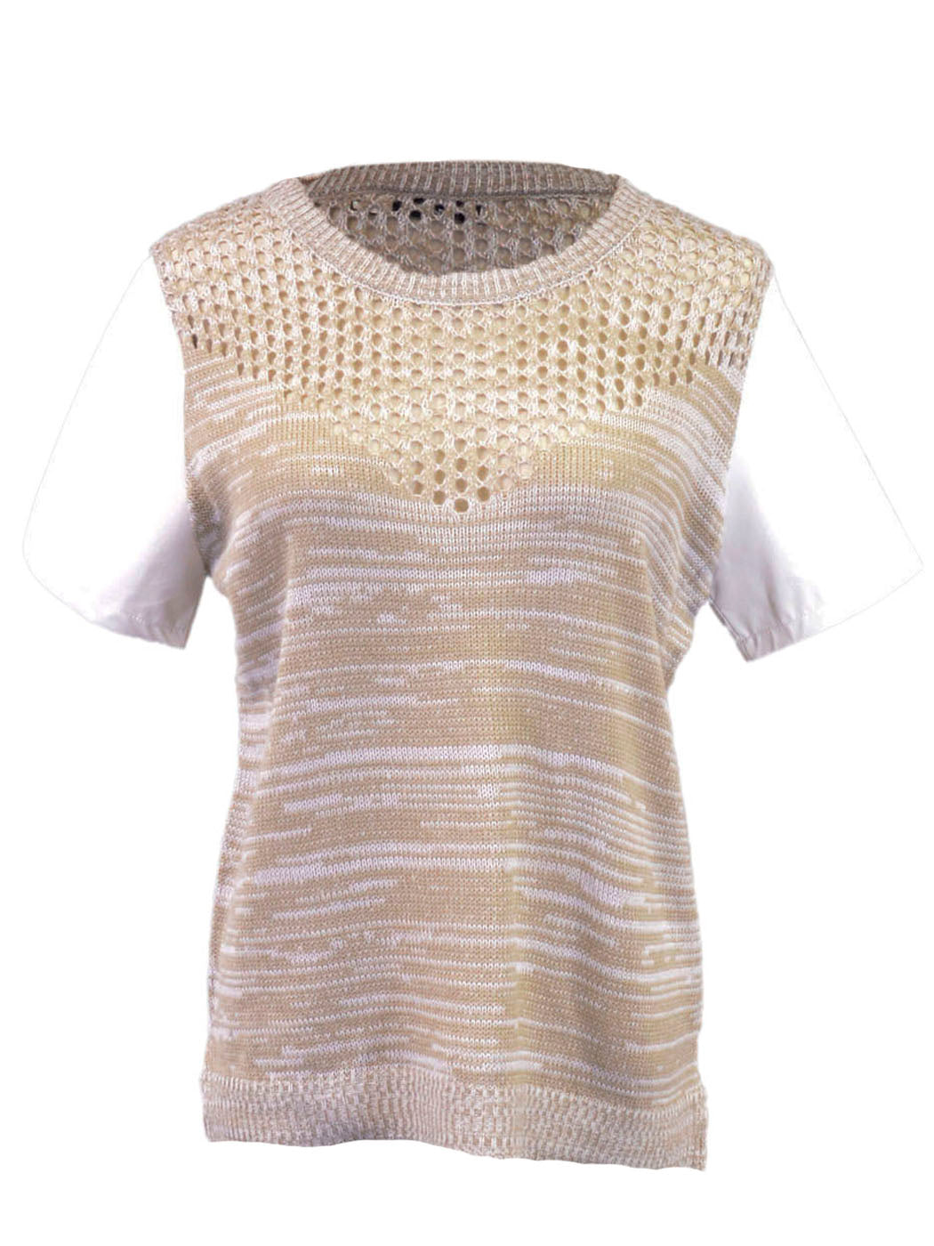Lush Lightweight Short Sleeve Knit With Open Stitch Top Faux Leather Sleeves - ALILANG.COM