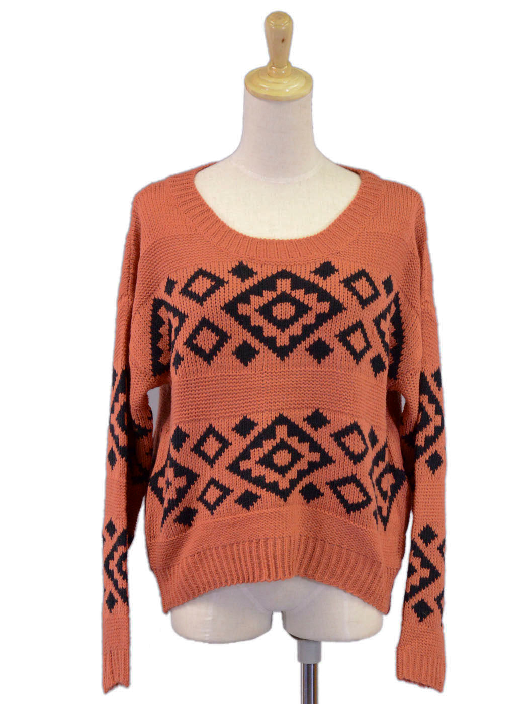 Cotton Candy Orange Cropped Scoop Neckline Diamond Long Sleeved Knitted Jumper - ALILANG.COM