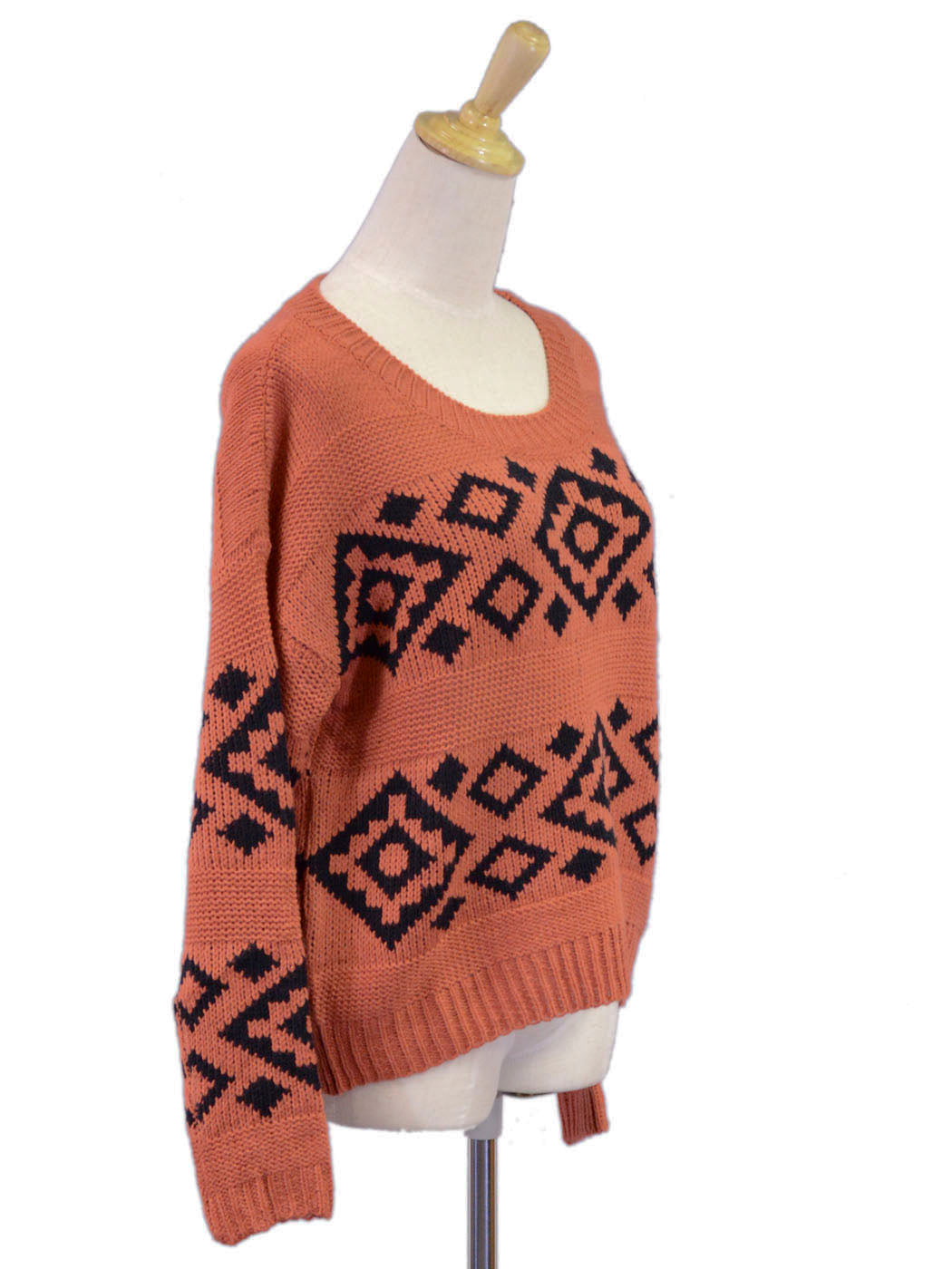 Cotton Candy Orange Cropped Scoop Neckline Diamond Long Sleeved Knitted Jumper - ALILANG.COM
