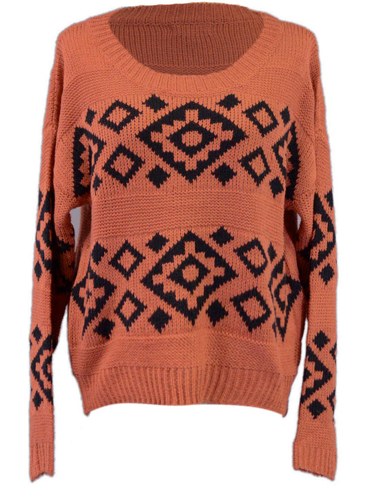 Cotton Candy Orange Cropped Scoop Neckline Diamond Long Sleeved Knitted Jumper - ALILANG.COM