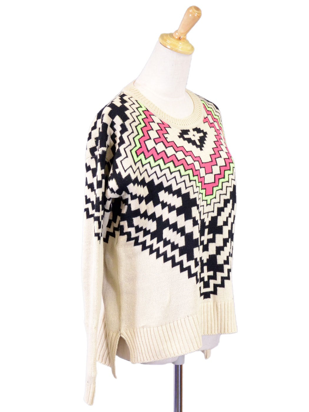 Tea & Cup Long Sleeve Knit Pullover Sweater With Black And Neon Zig Zag Design