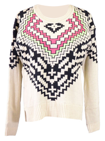 Tea & Cup Long Sleeve Knit Pullover Sweater With Black And Neon Zig Zag Design