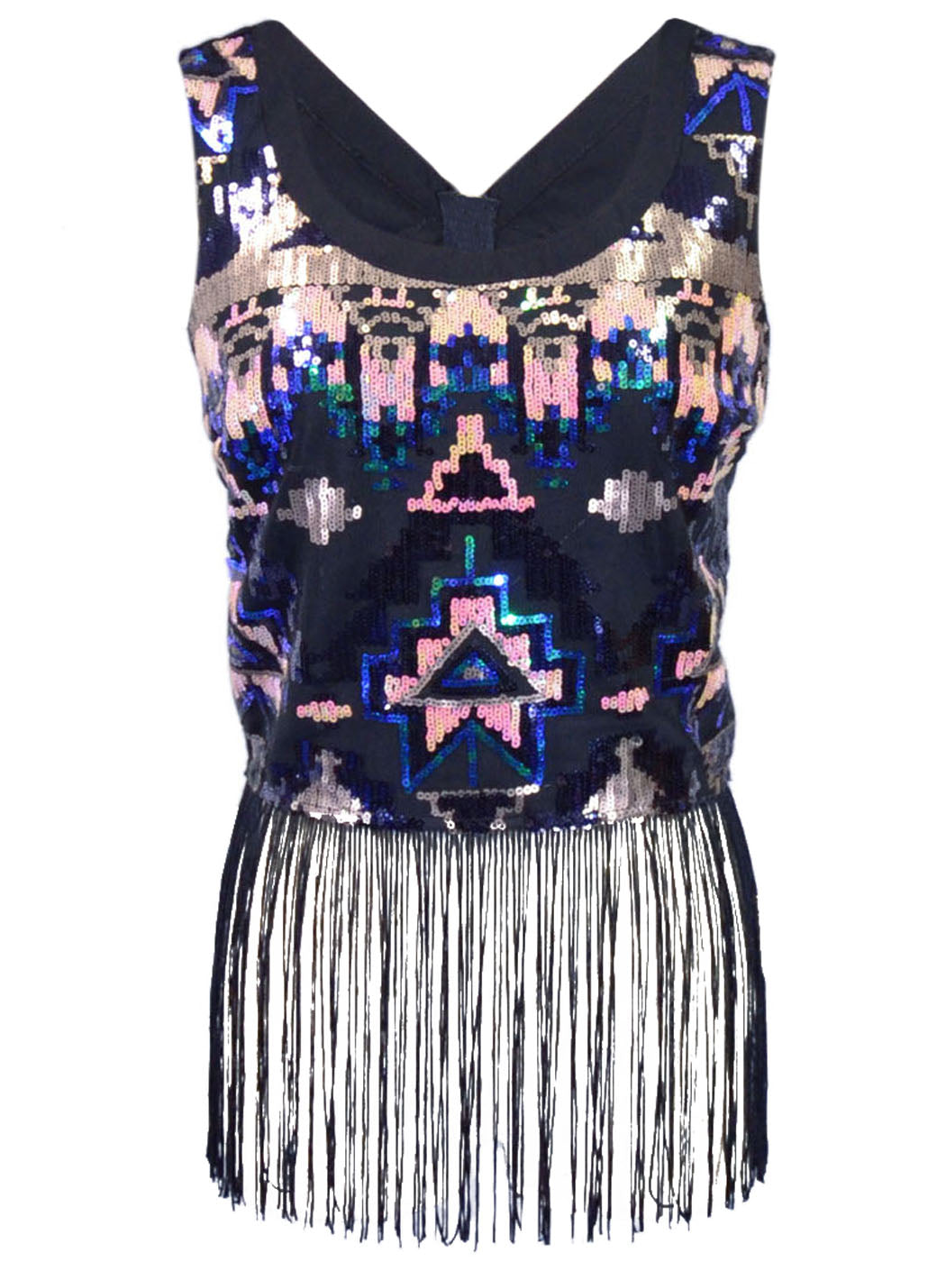 Marine Blu All Over Sequin Sleeveless Cropped Top With Bottom Fringe Detail - ALILANG.COM