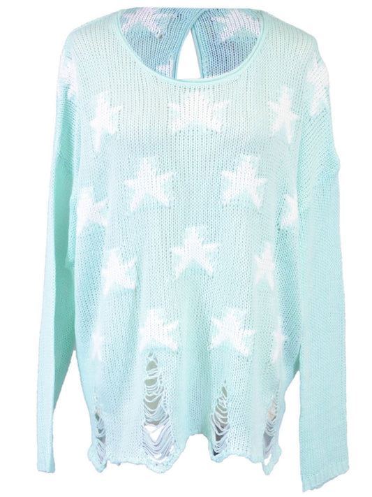 The Classic Knitted Oversized Pullover With Star Prints And Shredded Detailing - ALILANG.COM
