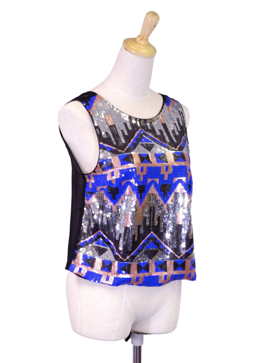 Lush Zip Up Sleeveless Geometric Pattern Sequined Top With Chiffon Zip Up Back - ALILANG.COM