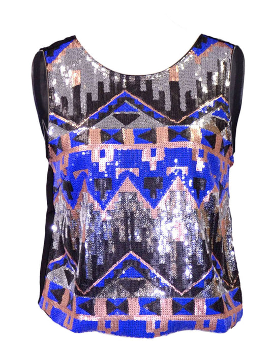 Lush Zip Up Sleeveless Geometric Pattern Sequined Top With Chiffon Zip Up Back - ALILANG.COM