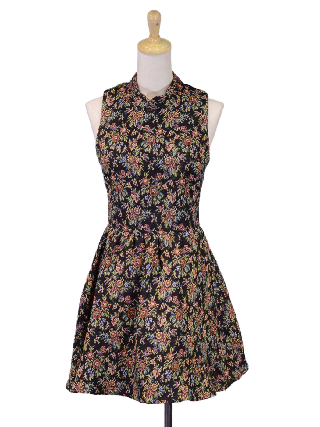 Double Zero High Neckline All Over Floral Printed Embroidered Bell Skirt Dress - ALILANG.COM