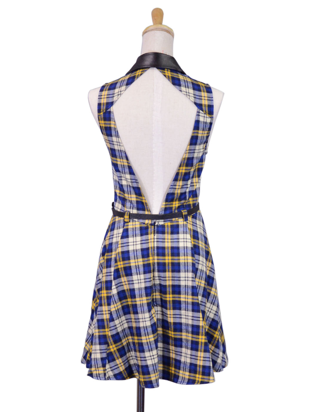 Double Zero Button Up All Over Plaid Printed Dress With Faux Leather Collar - ALILANG.COM