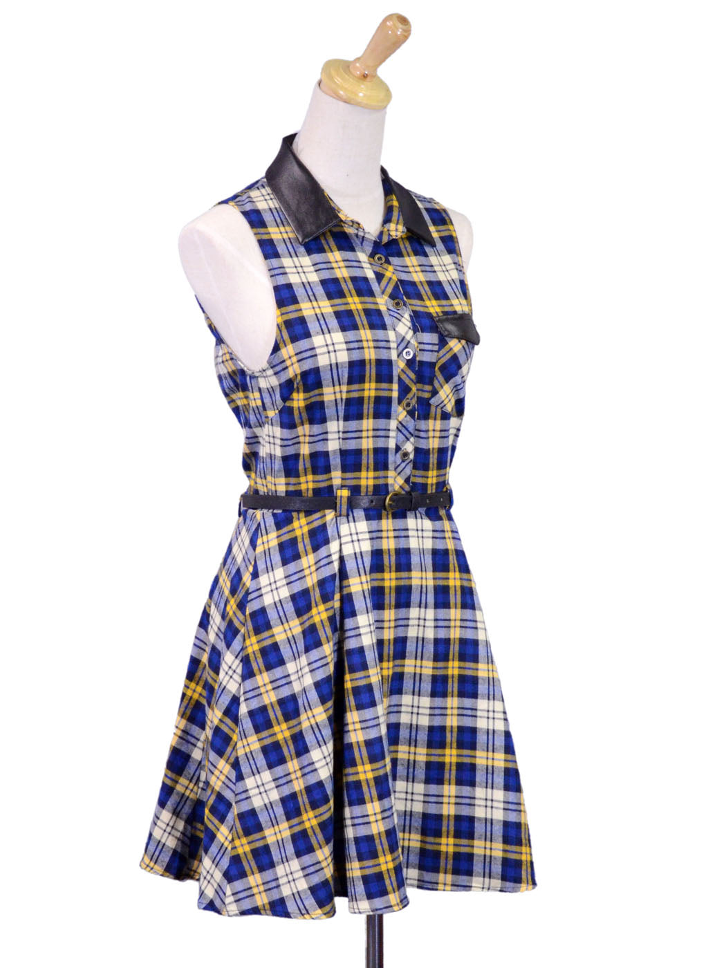 Double Zero Button Up All Over Plaid Printed Dress With Faux Leather Collar - ALILANG.COM