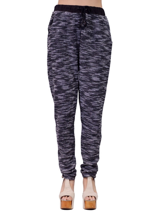 Anna-Kaci Comfortable Trendy Black White Heathered Drawstring Tweed Sweat Pants - ALILANG.COM