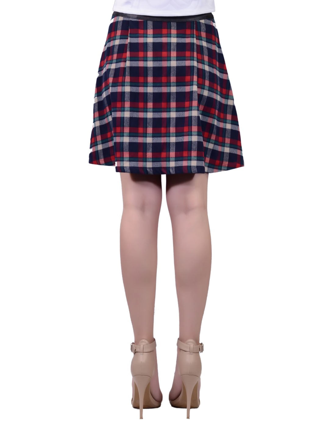 Double Zero Plaid Printed Skater Style Skirt With Faux Leather Waist And Buttons - ALILANG.COM