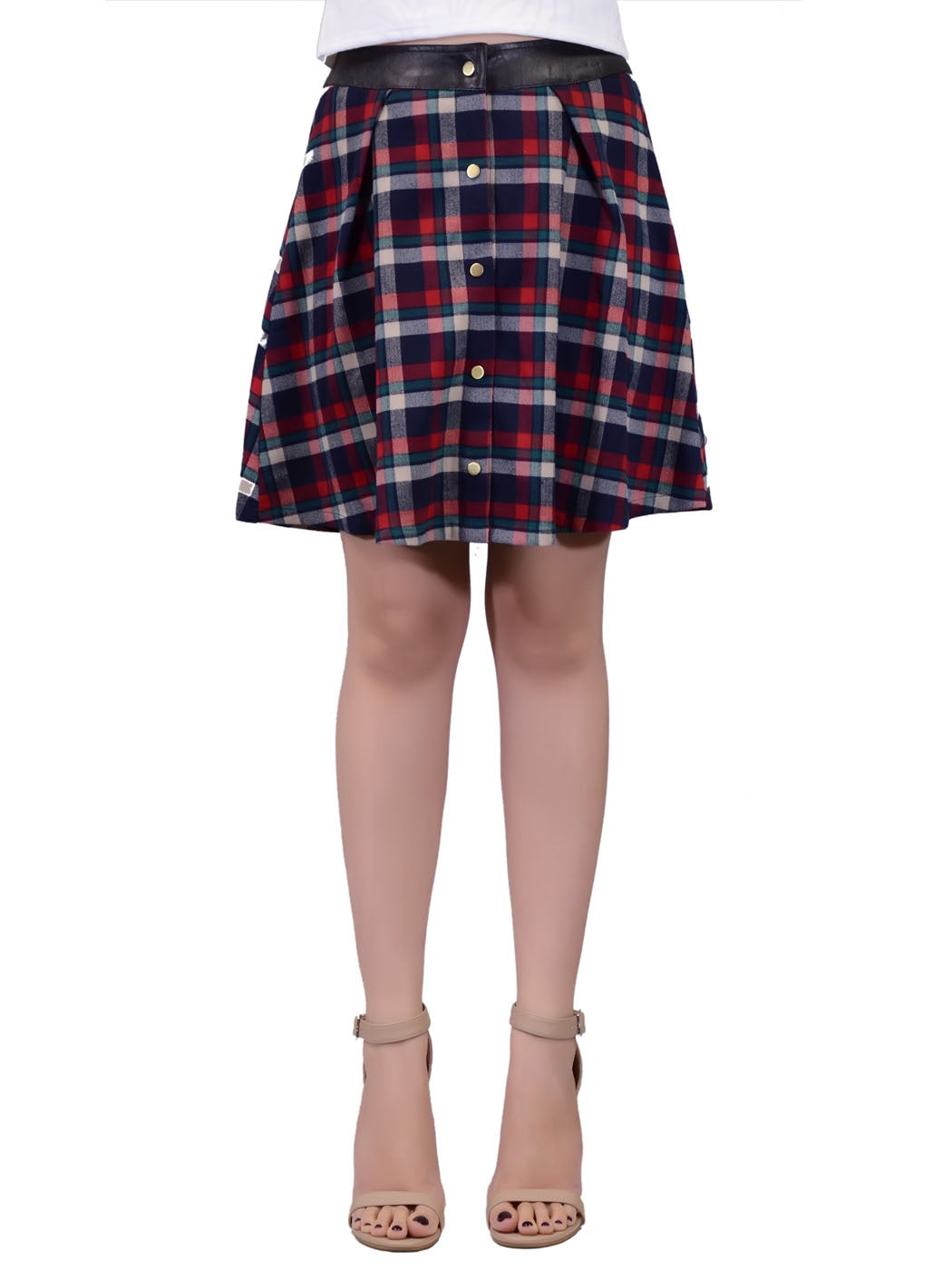 Double Zero Plaid Printed Skater Style Skirt With Faux Leather Waist And Buttons - ALILANG.COM