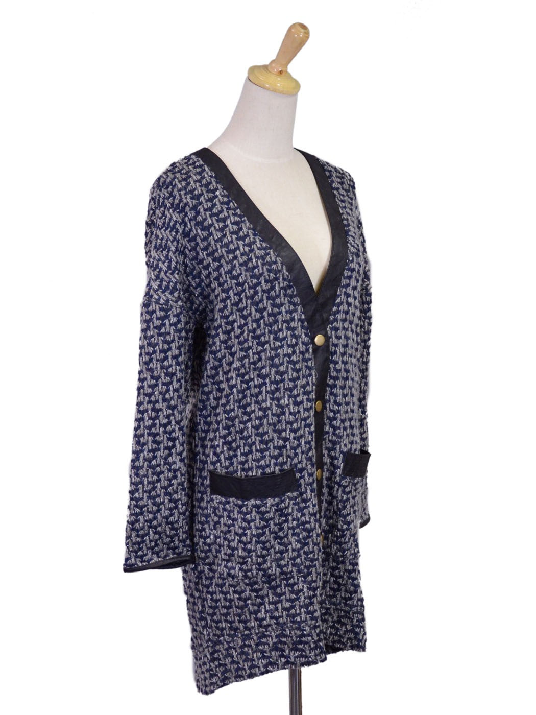 Very J Button Up Knitted Long Sleeved Oversized Cardigan With Faux Leather Trim - ALILANG.COM