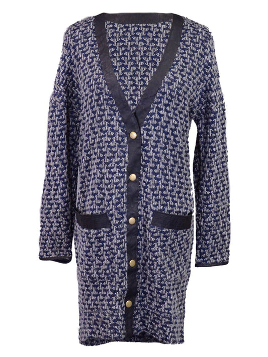 Very J Button Up Knitted Long Sleeved Oversized Cardigan With Faux Leather Trim - ALILANG.COM