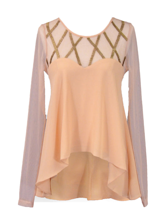 Ligali Peach Girly Long Sleeved Flowy Blouse With Beaded Design Mesh Neckline - ALILANG.COM