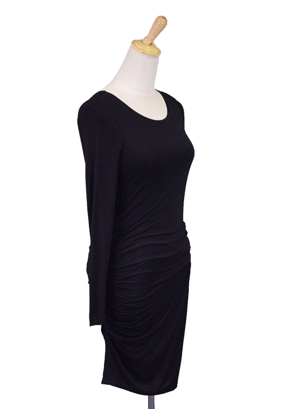 Ligali Black Long Sleeved Gathered Body Con Dress With Faux Leather Panel - ALILANG.COM