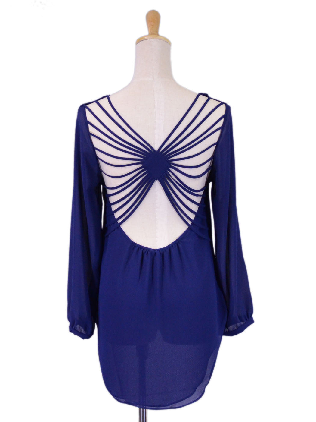 Naked Zebra Navy Blue Long Sleeved Blouse With Cutout Back And Gathered Strings - ALILANG.COM