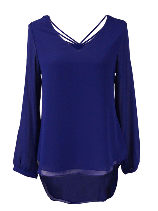 Naked Zebra Navy Blue Long Sleeved Blouse With Cutout Back And Gathered Strings - ALILANG.COM