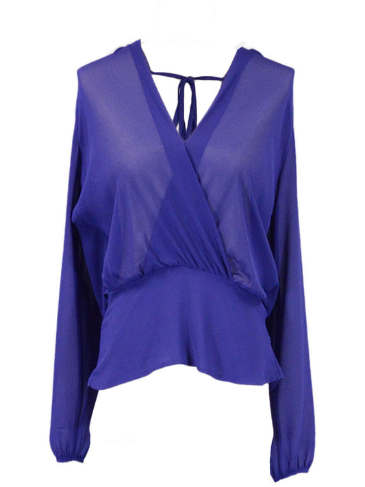 Naked Zebra Blue Front And Back Cross Over Long Sleeved Sheer Chiffon Blouse - ALILANG.COM