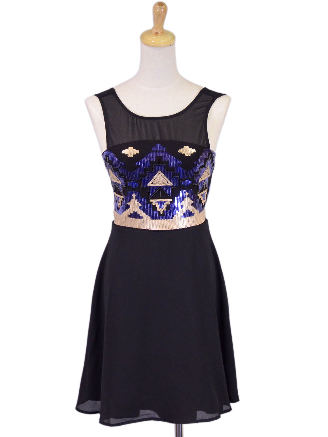 Anna-Kaci Sleeveless Fit And Flare Aztec Sequined Dress With V Back Neckline - ALILANG.COM