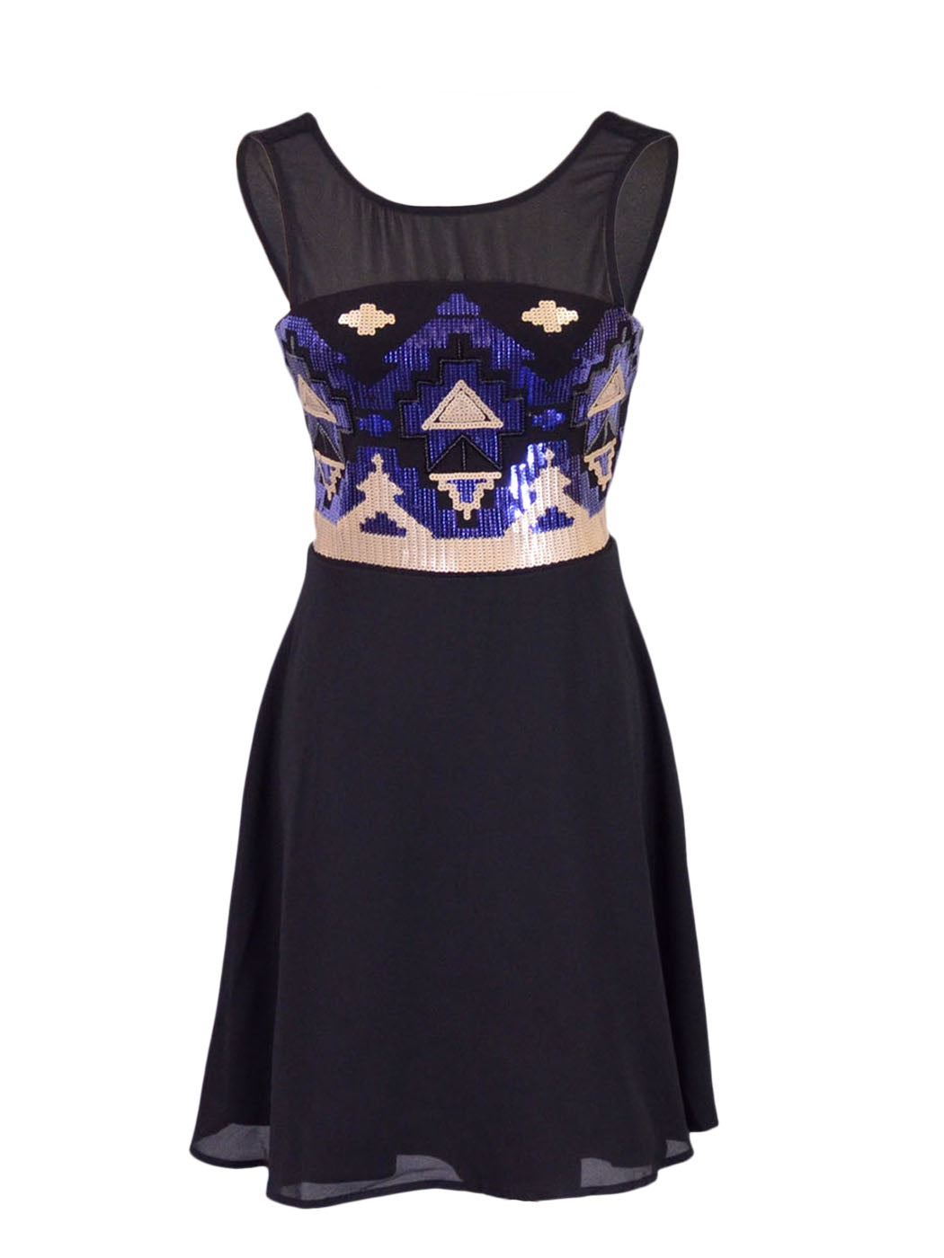 Anna-Kaci Sleeveless Fit And Flare Aztec Sequined Dress With V Back Neckline - ALILANG.COM
