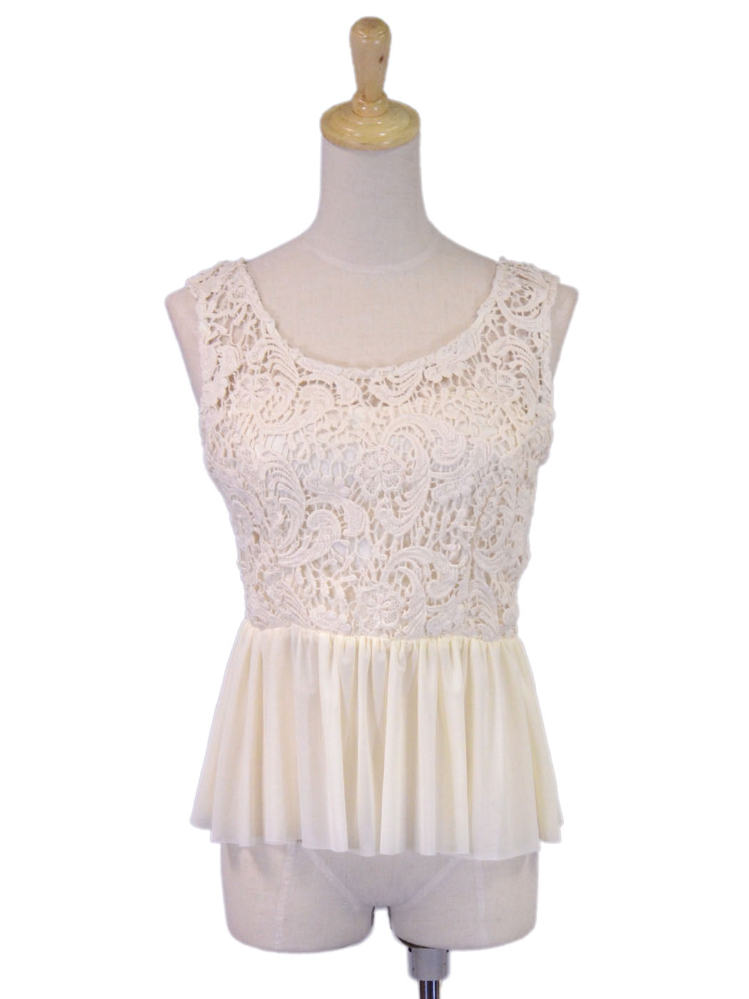 Anna-Kaci Crochet Floral Lace Sleeveless Top With Mesh Fabric Ruffled Bottom - ALILANG.COM