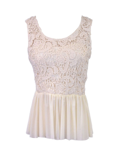 Anna-Kaci Crochet Floral Lace Sleeveless Top With Mesh Fabric Ruffled Bottom - ALILANG.COM