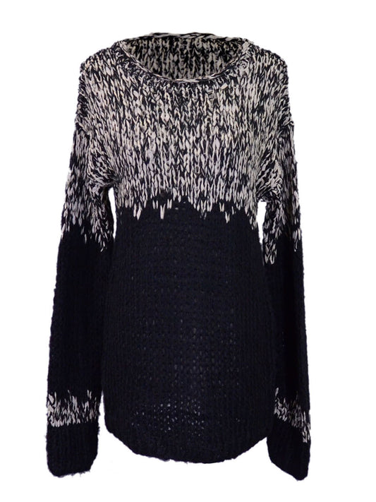 Lush Lightweight Mixed Yarn Black And White Long Sleeved Sweater Pullover - ALILANG.COM