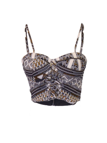 Joyce Spaghetti Strap Stretchy Ethnic Aztec Print Bra Top With String Cut Outs - ALILANG.COM