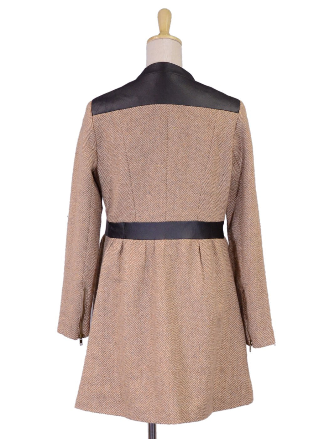 Anna-Kaci Herringbone Zip Up Long Coat With Faux Leather Trim Collar And Waist - ALILANG.COM