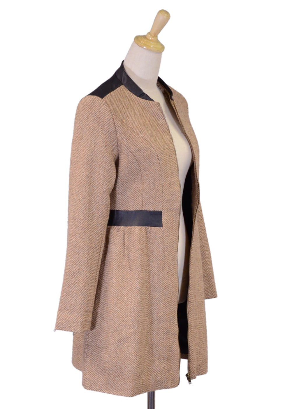 Anna-Kaci Herringbone Zip Up Long Coat With Faux Leather Trim Collar And Waist - ALILANG.COM