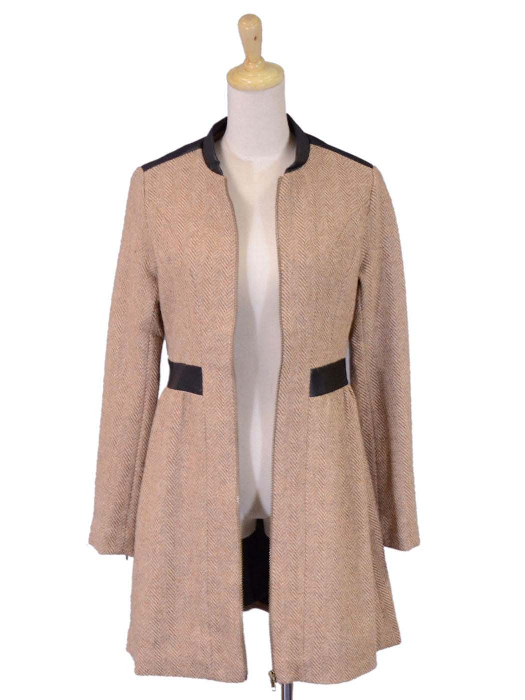 Anna-Kaci Herringbone Zip Up Long Coat With Faux Leather Trim Collar And Waist - ALILANG.COM