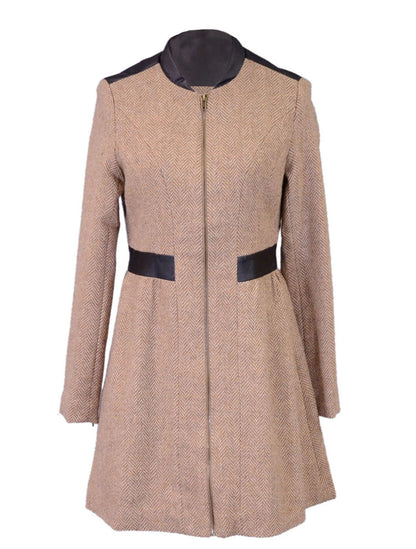 Anna-Kaci Herringbone Zip Up Long Coat With Faux Leather Trim Collar And Waist - ALILANG.COM