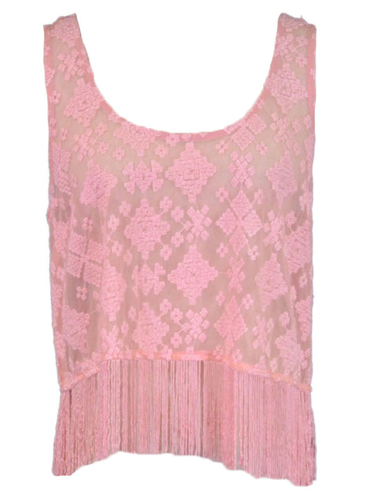 Lush Pink Fringe Detailed Trimming Mesh Lace Strapless Embroidered Crop Top - ALILANG.COM